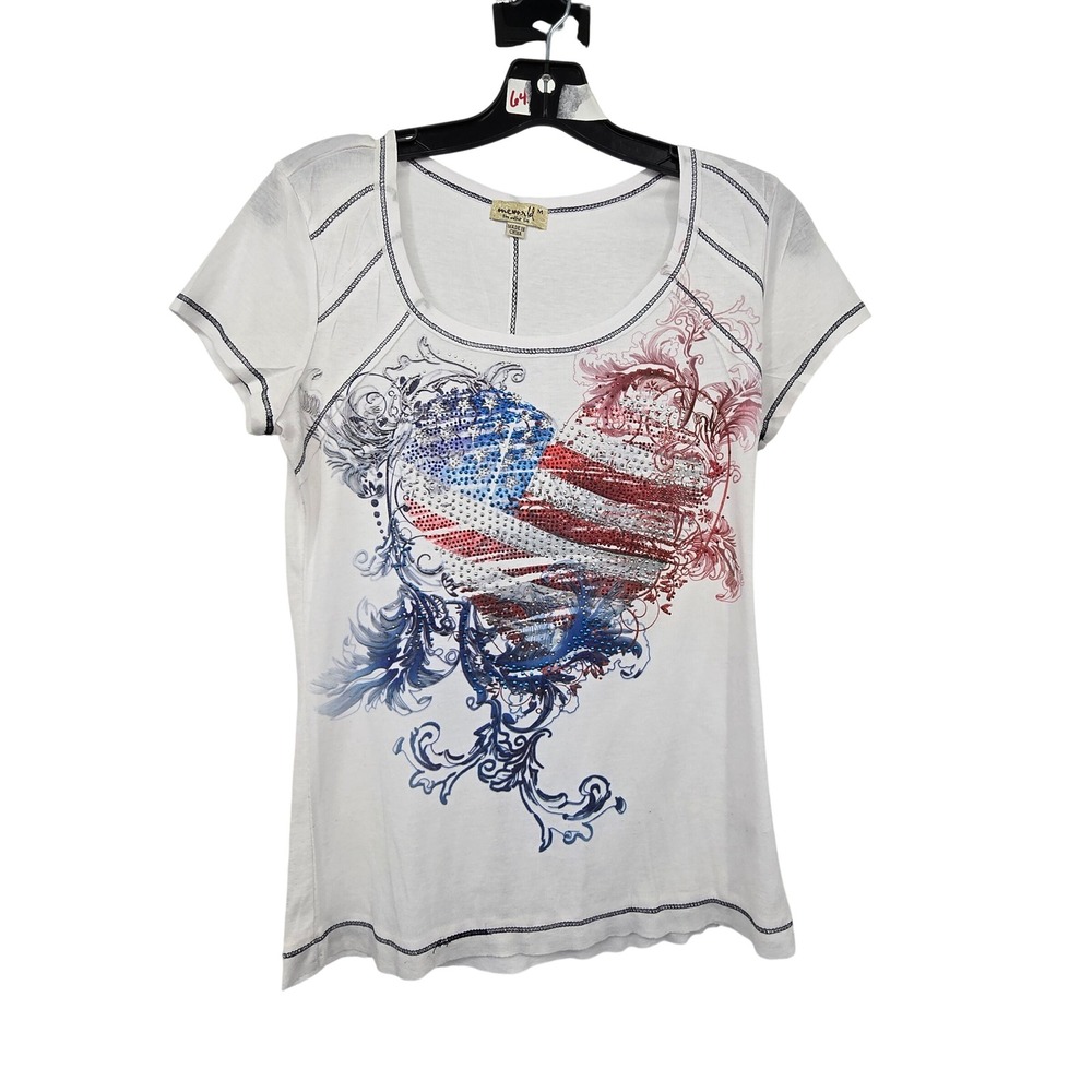 Vintage Y2K 90s Patriotic Graphic Tee Women M Rhinestone Heart America Flag Boho